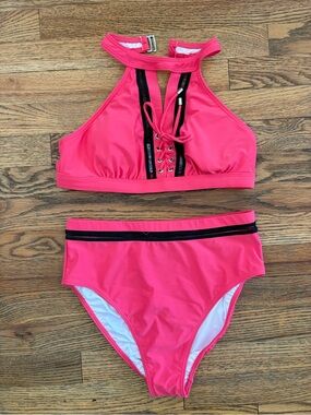VENUS Hot Pink High-Neck Two-Piece Swim Set with Black Trim